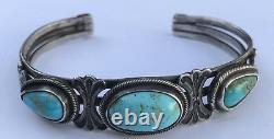 Vintage Navajo Indian Silver Stamped Turquoise Cuff Bracelet