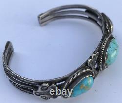 Vintage Navajo Indian Silver Stamped Turquoise Cuff Bracelet