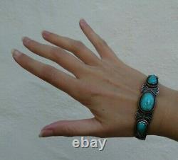 Vintage Navajo Indian Silver Stamped Turquoise Cuff Bracelet