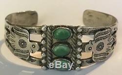 Vintage Navajo Indian Silver & Three Green Turquoise Thunderbird Cuff Bracelet
