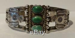 Vintage Navajo Indian Silver & Three Green Turquoise Thunderbird Cuff Bracelet