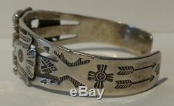 Vintage Navajo Indian Silver & Three Green Turquoise Thunderbird Cuff Bracelet