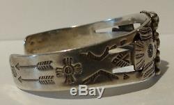 Vintage Navajo Indian Silver & Three Green Turquoise Thunderbird Cuff Bracelet