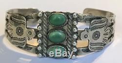 Vintage Navajo Indian Silver & Three Green Turquoise Thunderbird Cuff Bracelet