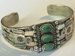 Vintage Navajo Indian Silver & Three Green Turquoise Thunderbird Cuff Bracelet