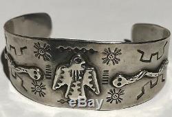 Vintage Navajo Indian Silver Thunderbird & Snakes Cuff Bracelet