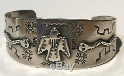 Vintage Navajo Indian Silver Thunderbird & Snakes Cuff Bracelet