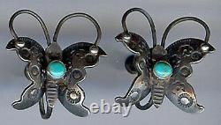 Vintage Navajo Indian Silver Turquoise Dimensional Butterfly Screwback Earrings