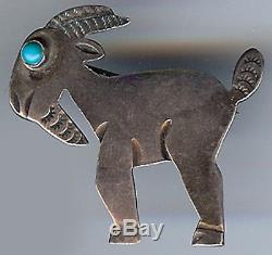 Vintage Navajo Indian Silver Turquoise Eye Billy Goat Pin Brooch