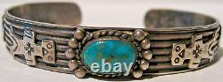 Vintage Navajo Indian Silver Turquoise Figures & Thunderbirds Cuff Bracelet