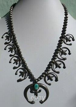 Vintage Navajo Indian Silver Turquoise Hand Najas Squash Blossom Necklace