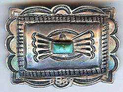 Vintage Navajo Indian Silver & Turquoise Rectangle Stampwork Pin Brooch