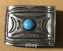 Vintage Navajo Indian Silver & Turquoise Stampwork Money Clip