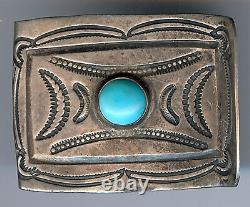 Vintage Navajo Indian Silver & Turquoise Stampwork Money Clip