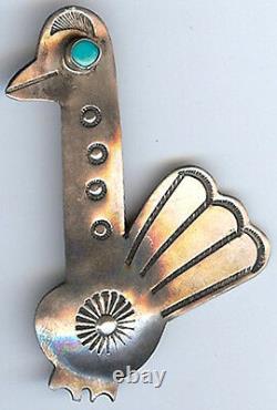Vintage Navajo Indian Silver Turquoise Whimsical Bird Pin Brooch