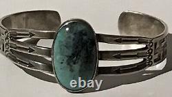 Vintage Navajo Indian Silver Whirling Logs Arrows Great Turquoise Cuff Bracelet