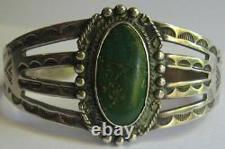 Vintage Navajo Indian Stamped Designs Silver Green Turquoise Cuff Bracelet