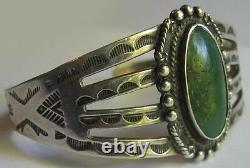 Vintage Navajo Indian Stamped Designs Silver Green Turquoise Cuff Bracelet