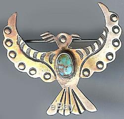 Vintage Navajo Indian Stamped Designs Silver Turquoise Thunderbird Pin Brooch