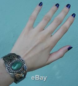 Vintage Navajo Indian Sterling Green Turquoise Snakes Thunderbird Cuff Bracelet