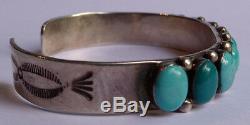 Vintage Navajo Indian Sterling Silver & Turquoise Cuff Row Bracelet