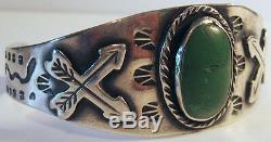 Vintage Navajo Indian Sterling Snakes & Arrows Green Turquoise Cuff Bracelet