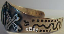 Vintage Navajo Indian Sterling Snakes & Arrows Green Turquoise Cuff Bracelet