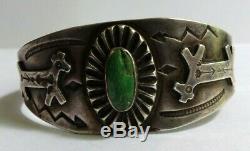 Vintage Navajo Indian Sterling Turquoise Applied Dogs & Snakes Cuff Bracelet