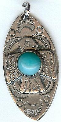 Vintage Navajo Indian Turquoise Hubbell Glass Silver Thunderbird Fob Or Pendant