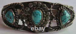 Vintage Navajo Indian Twisted Wire Hearts Silver Spiderweb Turquoise Bracelet