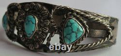 Vintage Navajo Indian Twisted Wire Hearts Silver Spiderweb Turquoise Bracelet