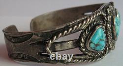 Vintage Navajo Indian Twisted Wire Hearts Silver Spiderweb Turquoise Bracelet