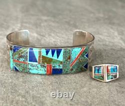Vintage Navajo J HOWE Inlay Turquoise Lapis Coral Sterling Bracelet Ring Set