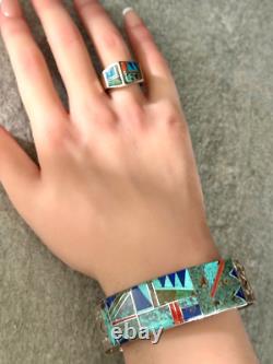 Vintage Navajo J HOWE Inlay Turquoise Lapis Coral Sterling Bracelet Ring Set