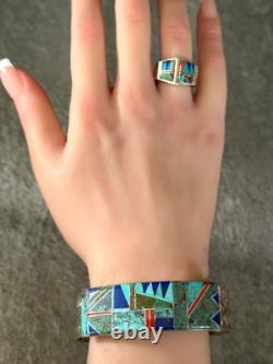 Vintage Navajo J HOWE Inlay Turquoise Lapis Coral Sterling Bracelet Ring Set