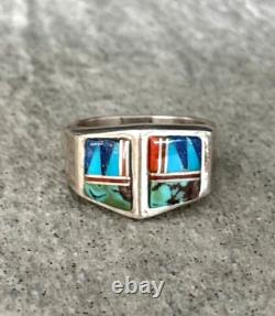 Vintage Navajo J HOWE Inlay Turquoise Lapis Coral Sterling Bracelet Ring Set