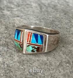 Vintage Navajo J HOWE Inlay Turquoise Lapis Coral Sterling Bracelet Ring Set