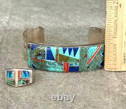 Vintage Navajo J HOWE Inlay Turquoise Lapis Coral Sterling Bracelet Ring Set
