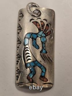 Vintage Navajo Kokopelli Sterling Pendant 2 x 1 Signed LN TURQUOISE & CORAL