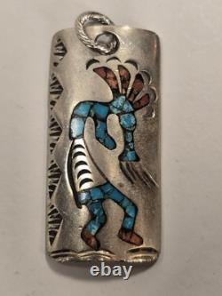 Vintage Navajo Kokopelli Sterling Pendant 2 x 1 Signed LN TURQUOISE & CORAL