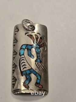 Vintage Navajo Kokopelli Sterling Pendant 2 x 1 Signed LN TURQUOISE & CORAL
