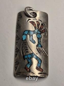 Vintage Navajo Kokopelli Sterling Pendant 2 x 1 Signed LN TURQUOISE & CORAL
