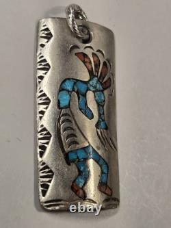 Vintage Navajo Kokopelli Sterling Pendant 2 x 1 Signed LN TURQUOISE & CORAL