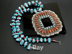 Vintage Navajo MC Turquoise Nugget Gemstone Coral Large Sterling Necklace 18