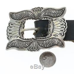 Vintage Navajo Native American Concho Belt Sterling Silver Floral Black Leather