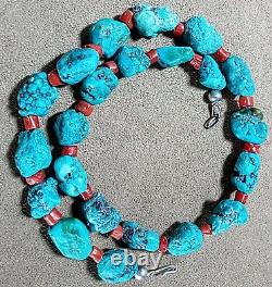 Vintage Navajo Native American Natural Nugget Turquoise & Red Coral Necklace 19