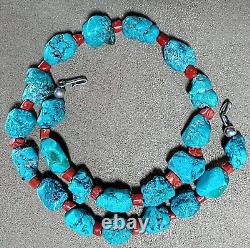 Vintage Navajo Native American Natural Nugget Turquoise & Red Coral Necklace 19