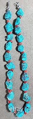 Vintage Navajo Native American Natural Nugget Turquoise & Red Coral Necklace 19