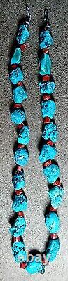 Vintage Navajo Native American Natural Nugget Turquoise & Red Coral Necklace 19