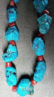 Vintage Navajo Native American Natural Nugget Turquoise & Red Coral Necklace 19